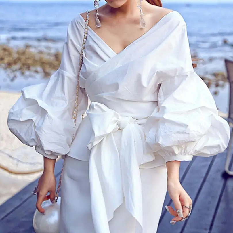 Summer Puff Sleeve Blouse Plus Size 5xl Belt Sexy Shirt Elegant Plaid Tops And Blouses Women Clothing For Lady A192