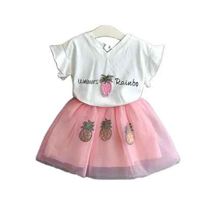 

Korean version girls summer new cartoon pineapple top mesh short skirt two pieces suit kids children clothing sets