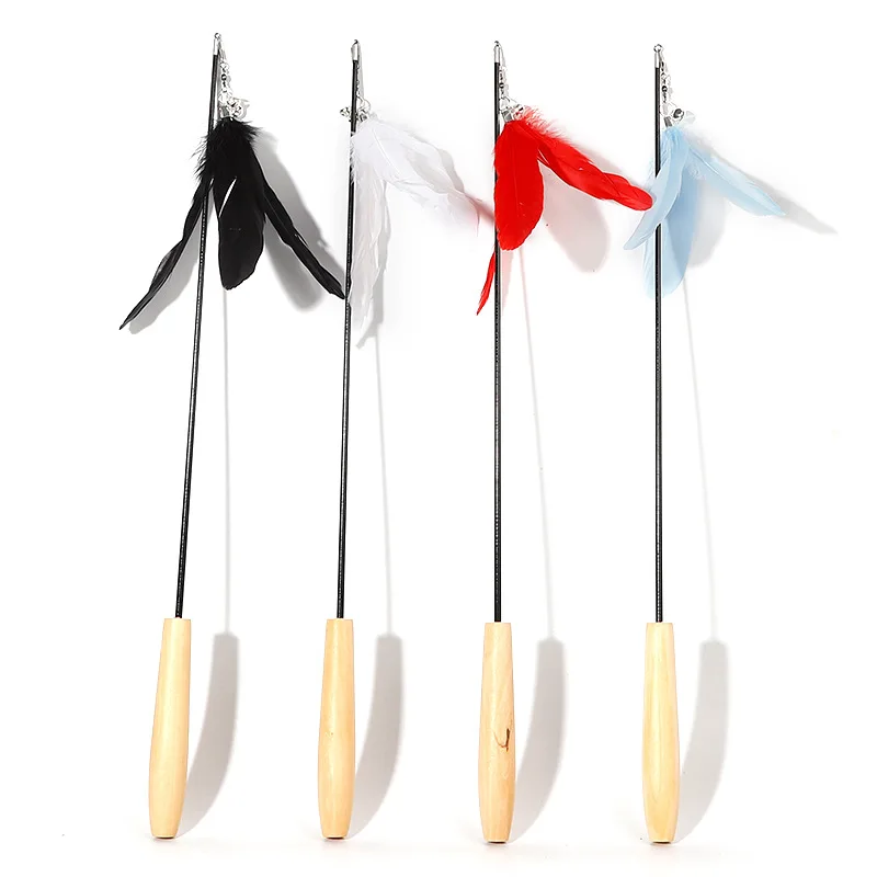 

Monochrome Black Feather Cat Toy With Bells Cat Stick High Quality Wooden Handle Telescopic Cat Toys Pet