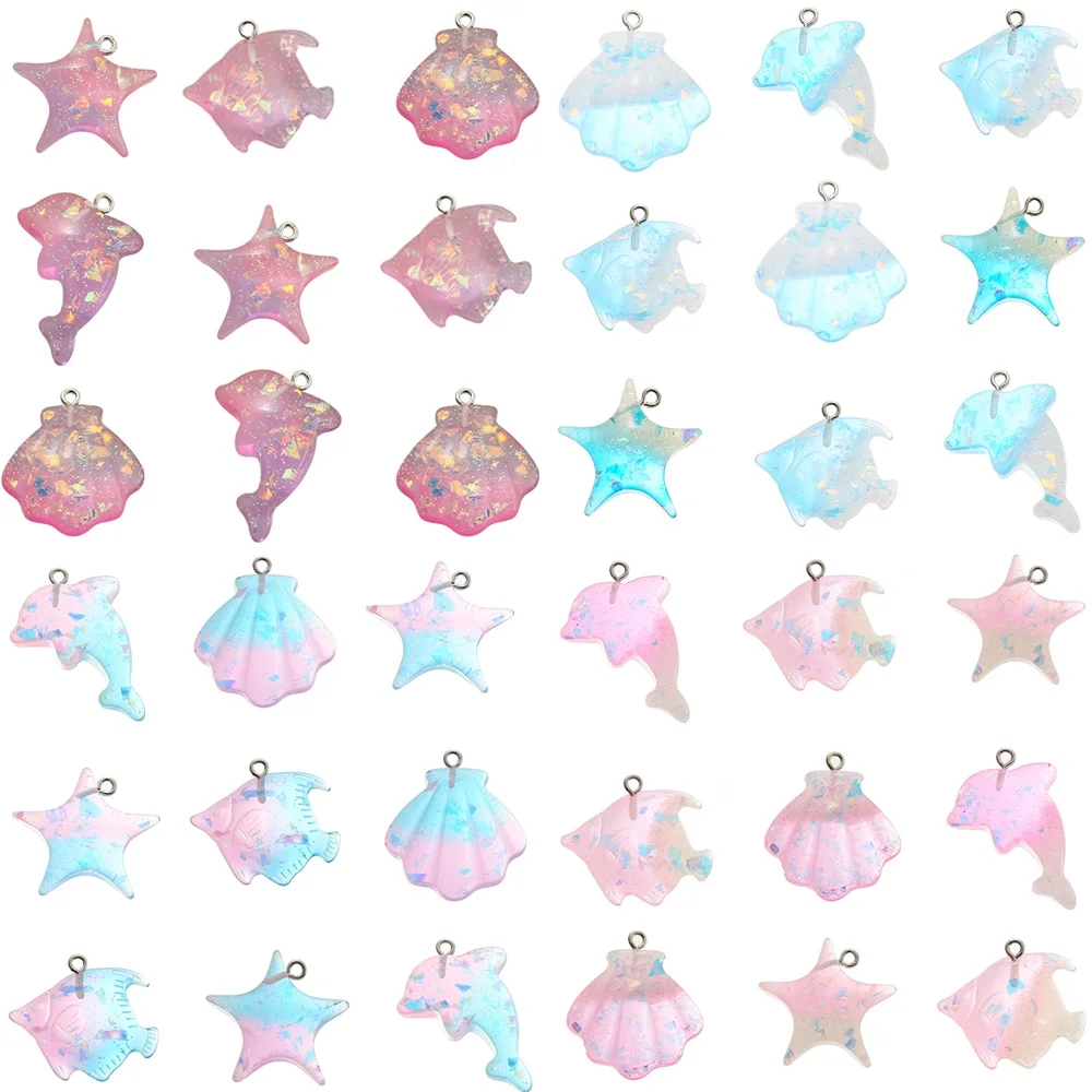 

Glitter Sea shell Fish Resin charm pendant Gradient Pink Cabochon Flat back Marine Organism DIY women Jewelry Making accessories, Colour mixture