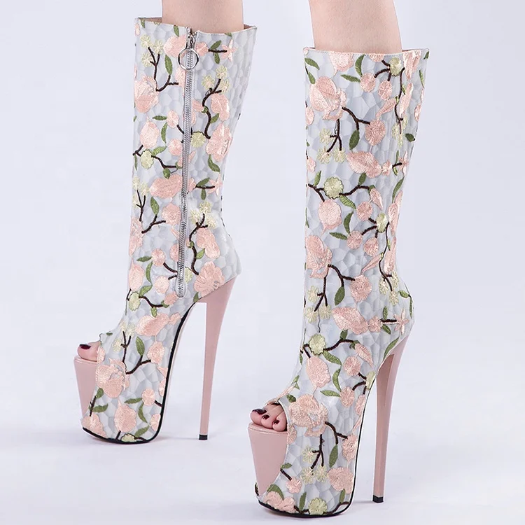 

Peep toe Women Summer Knee High Boots High Platform 19cm Super High Thin Heels Boots Long Boots Flower Emdroidered Shoes Pumps, White