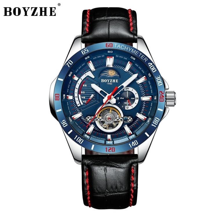 

BOYZHE Popular Brand Silver Case Blue Circle 30M Waterproof Tourbillon Automatic Mechanical Watch relojes de mano para hombre