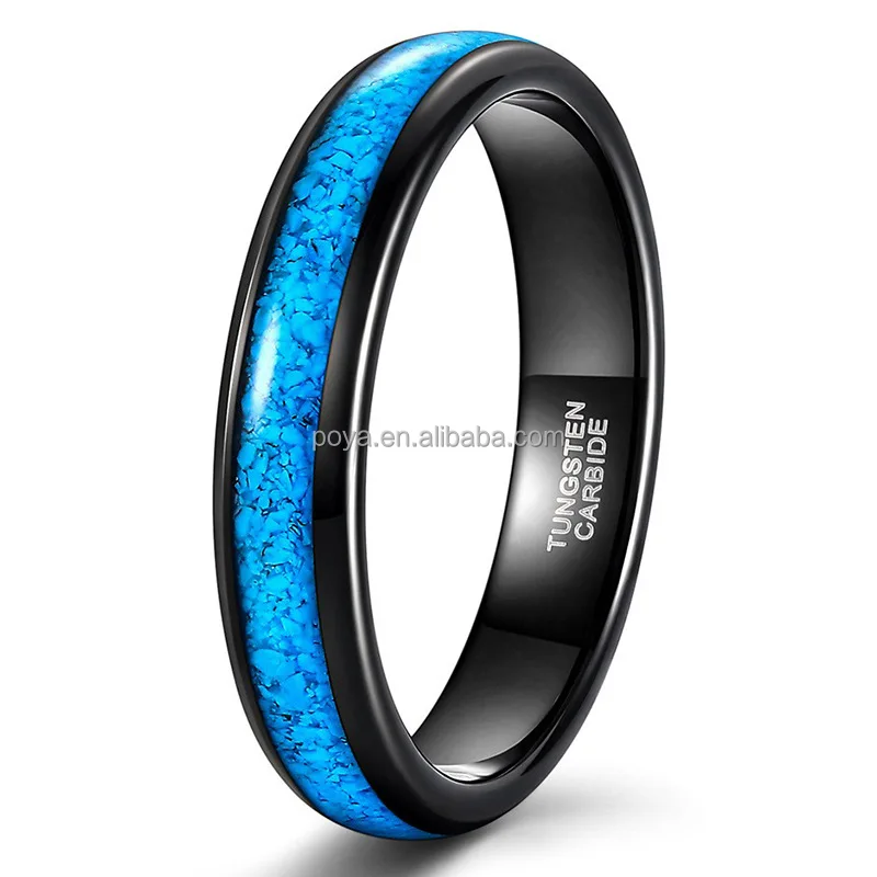 Poya Jewelry 4mm Black Tungsten Carbide Ring for Women Men Turquoise Inlay Fashion Jewelry Engagement Wedding Band
