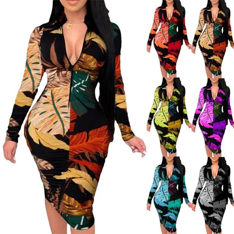 

2021 leaf printed elegant long sleeve v neck casual sexy midi dress bodycon plus size 3xl