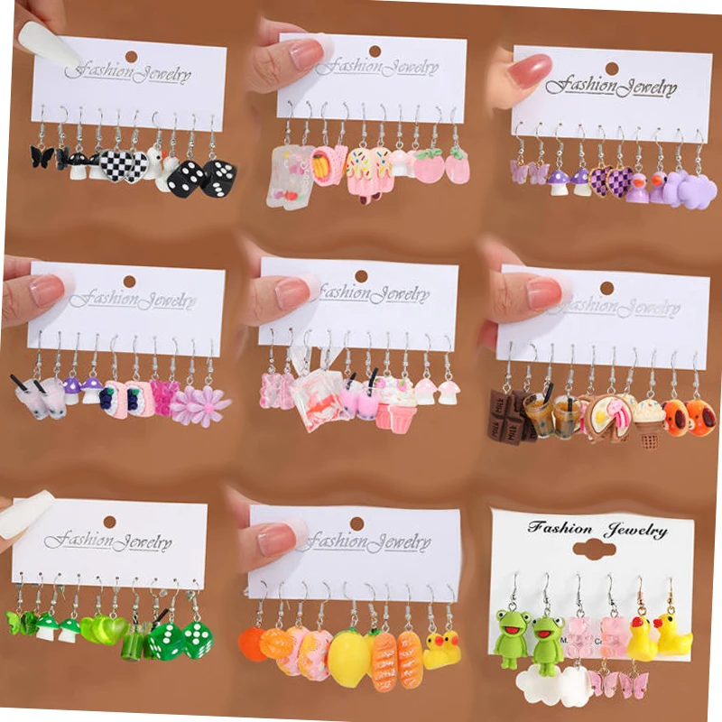 Fashion Cute Cartoon Fruit Animal Shape Colorful Acrylic Earrings Creative Milk Tea Ice Cream Pendant Women Earring Set 6PC