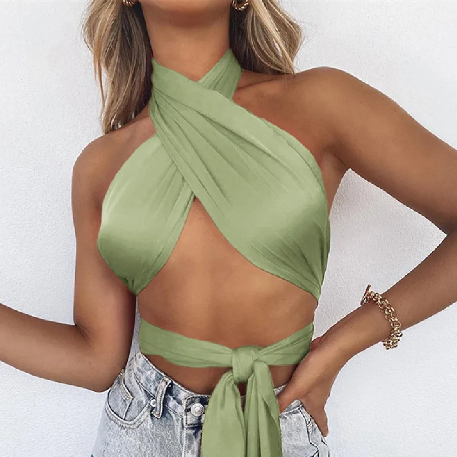 

Nibber K21L00592 Wholesale Custom Solid Color Soft Halter Backless Party Streetwear Ladies Corset Crop Tops Women Camisoles Top, Black/green/coffee