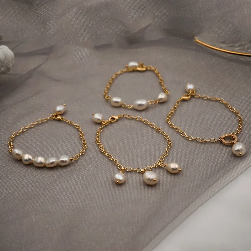 

Wholesale brass real gold plated simple fashion inlay natural freshwater pearl thick chain bracelets for women, As the pic show