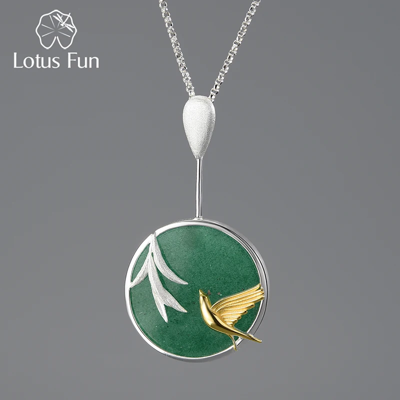 

Lotus Fun Bird Bamboo Spring Breeze Round Jade Pendant 925 Sterling Silver Necklace Chinese Elements Ladies Personality Jewelry