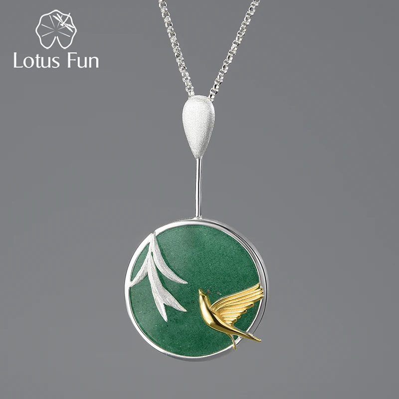 Lotus Fun Bird Bamboo Spring Breeze Round Jade Pendant 925 Sterling Silver Necklace Chinese Elements Ladies Personality Jewelry