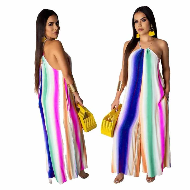 

summer women's bohemian jumpsuit sleeveless halter jumpsuit candy color loose trouser jumpsuits, Picture color jumpsuit