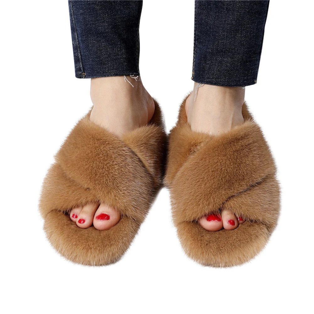 

European Station 100% Mink Fur Fashion Slippers Ladies Real Fur Slides Luxury Women Real Mink Fur Slipper, 24 colors