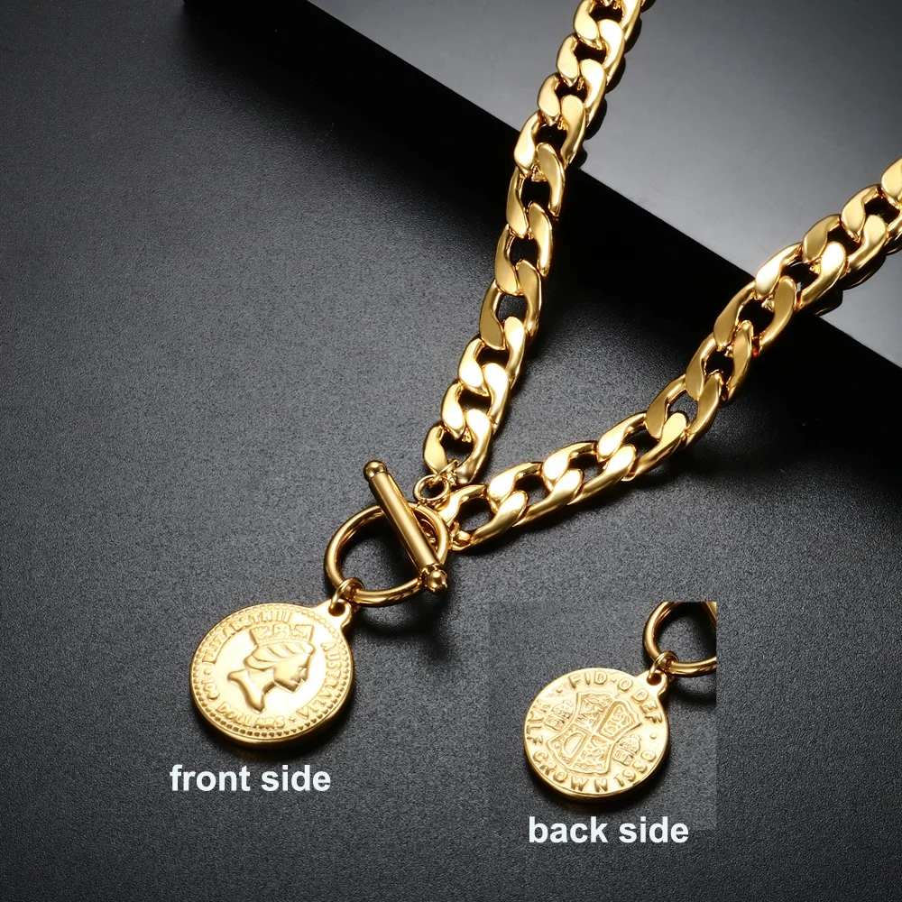 

Punk Chain 18k Gold Plated Curb Chain Necklace Stainless Steel Jewelry Cuban Chain OT Clasp Queen Head Pendant Hip Hop Necklace