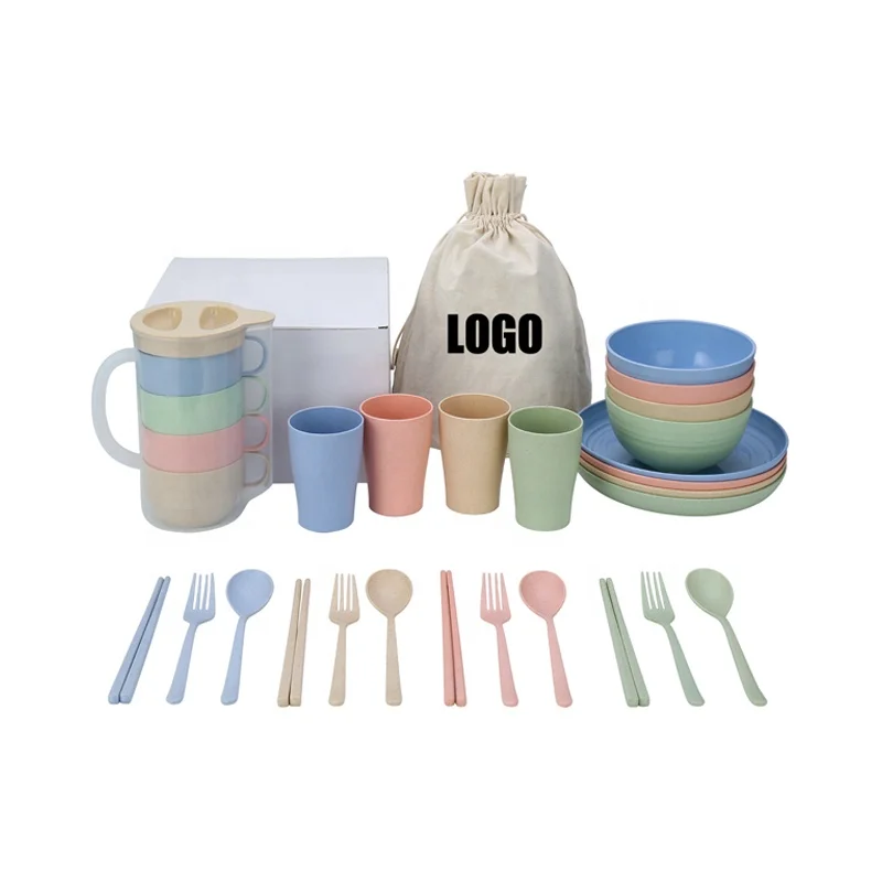 

Eco-friendly biodegradable Wholesale 24PCS Wheat Straw Cutlery Cups Bowl Plate Dinnerware Sets, Blue / beige / pink / green