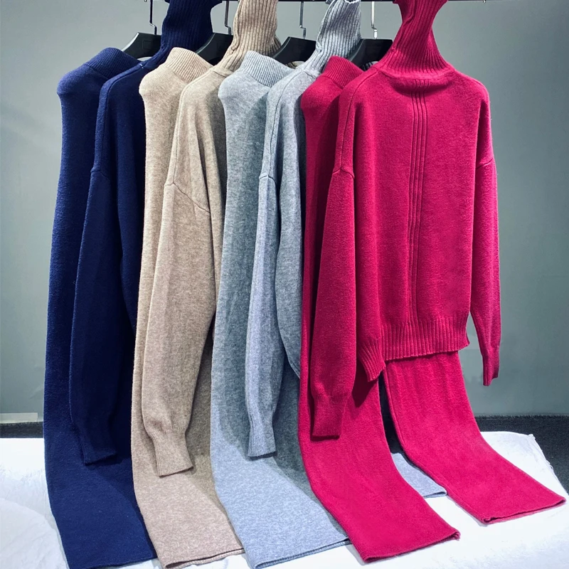 

high neck winter loose Knitted sweater sets for women long sleeve for ladies