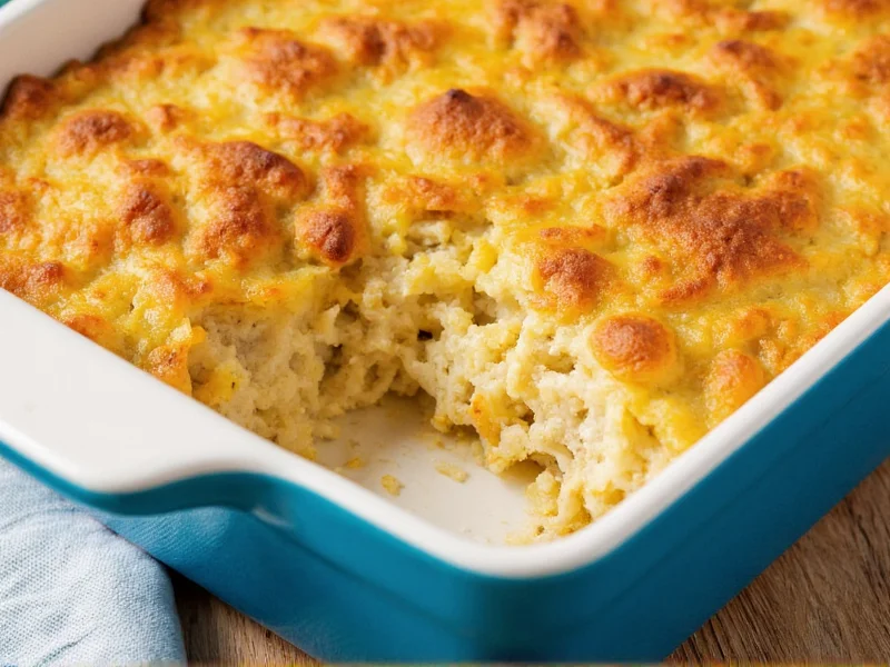 Golden brown turkey dressing in ceramic baking dish