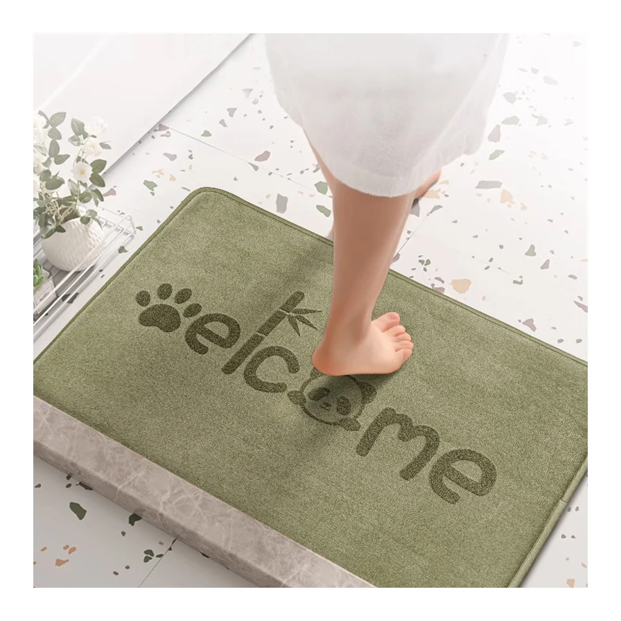 Absorbent Sponge Foam Green Durable Flannel Laser Print Toilet Non Slip Bathroom Mat
