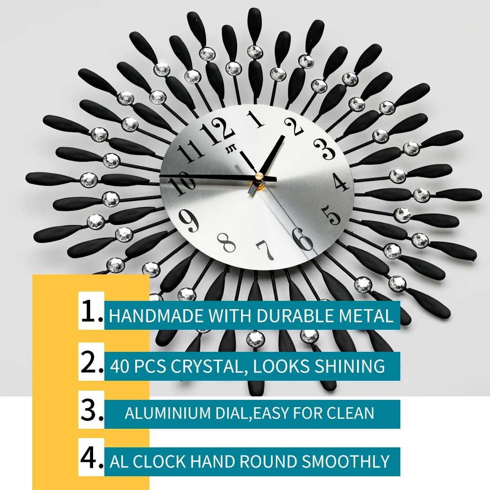 
Custom Handmade Silent Movemet Metal Home Decorative Nordic Modern Diamond Shining Iron Wall Clock For Living Room 