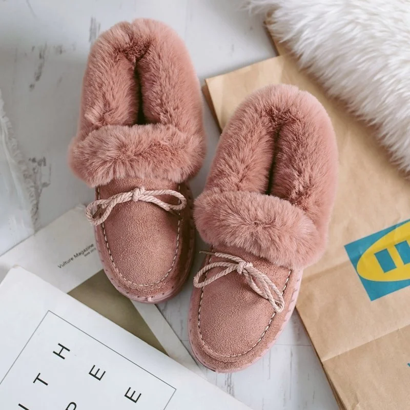 

Women Casual Shoes New Arrivals 2020 Winter Ladies Bow Plush Boots Slides Footwear Fashion Faux Platform Fur Fluffy Flat Boots