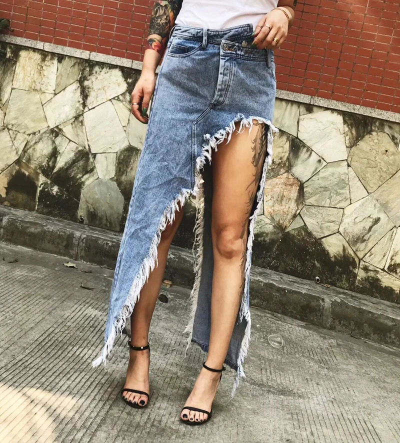 

2020 Fashion Skirts Mid-length Irregular Slit Frayed Denim Skirt Women, Blue