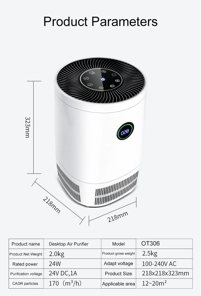 4 Layers Hepa Filter Smart Display Odor Allergies Eliminator Mini Portable Air Purifier with UV Light