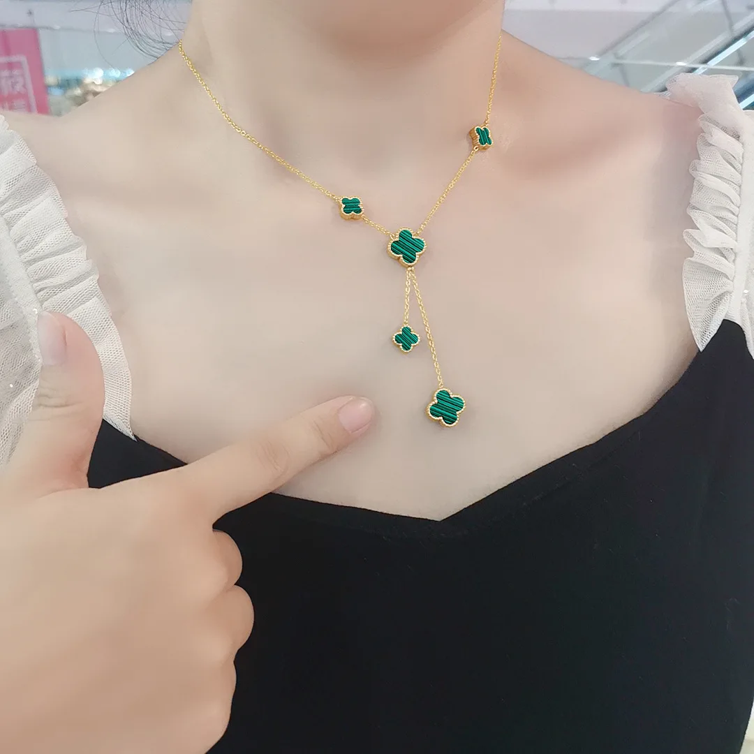 

High quality 18k gold plated long 4 leaf clover necklace jewelry stainless steel four leaf clover necklace for women