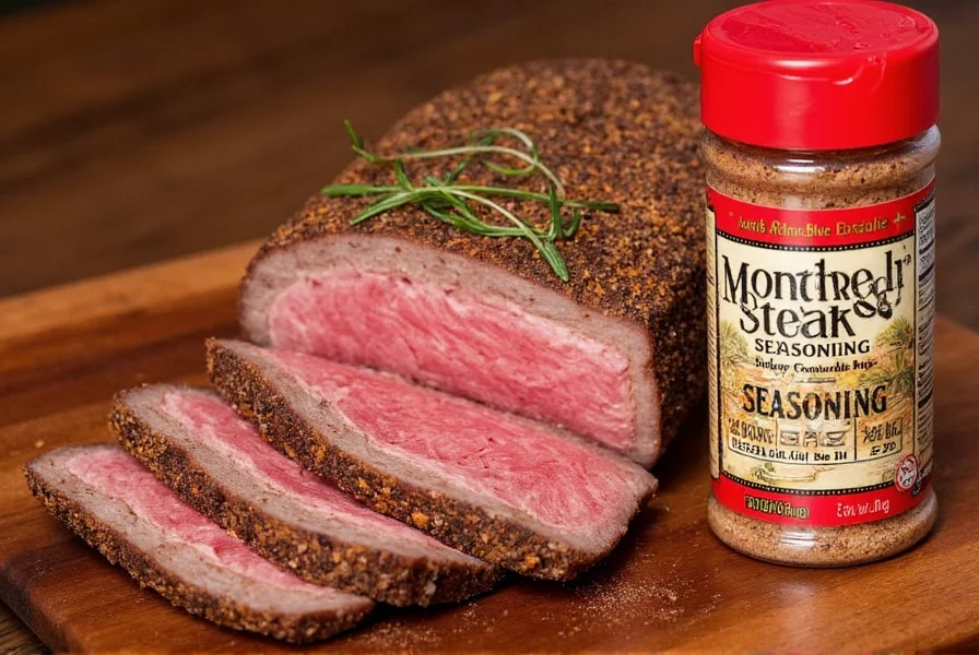 Close-up of Montreal steak seasoning on a cutting board with a steak