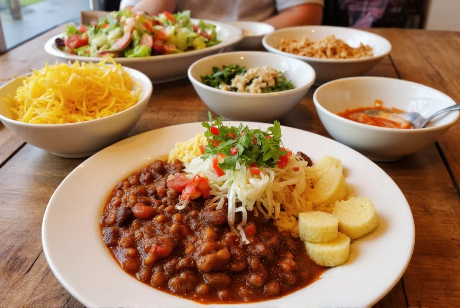 Chili served with various sides including cornbread, salad, and toppings arranged attractively