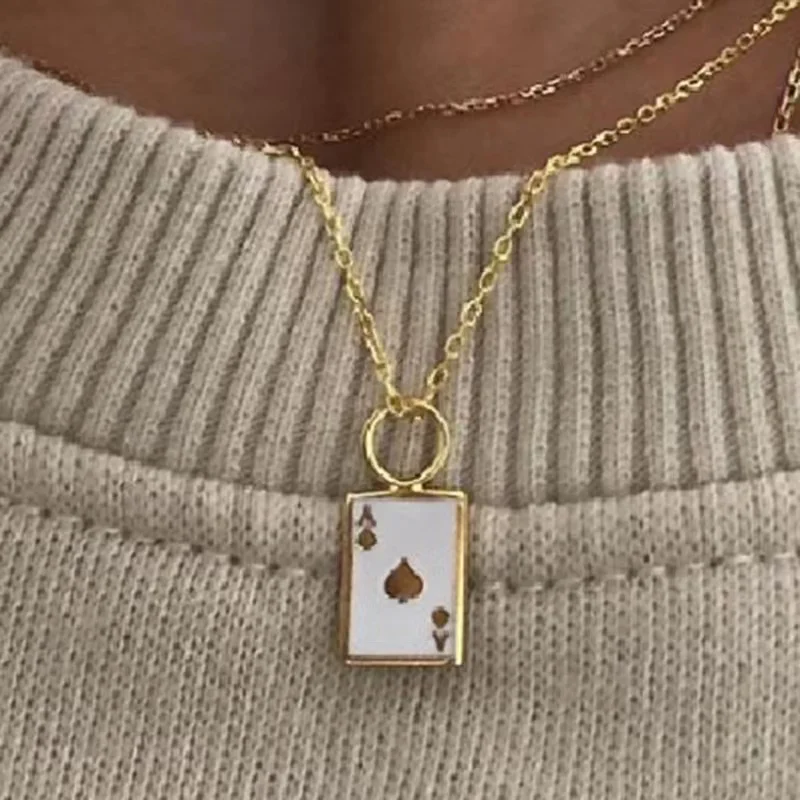 

Gold Plated Stainless Steel Poker Ace Square Shape Card Epoxy Enamel Pendant Necklace