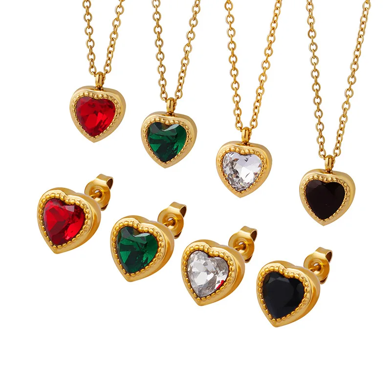 

Fashion Set Earrings For Women / Necklaces Heart-Shaped Zircon Green Red Crystal Pendant Women's Stainless Steel Necklace