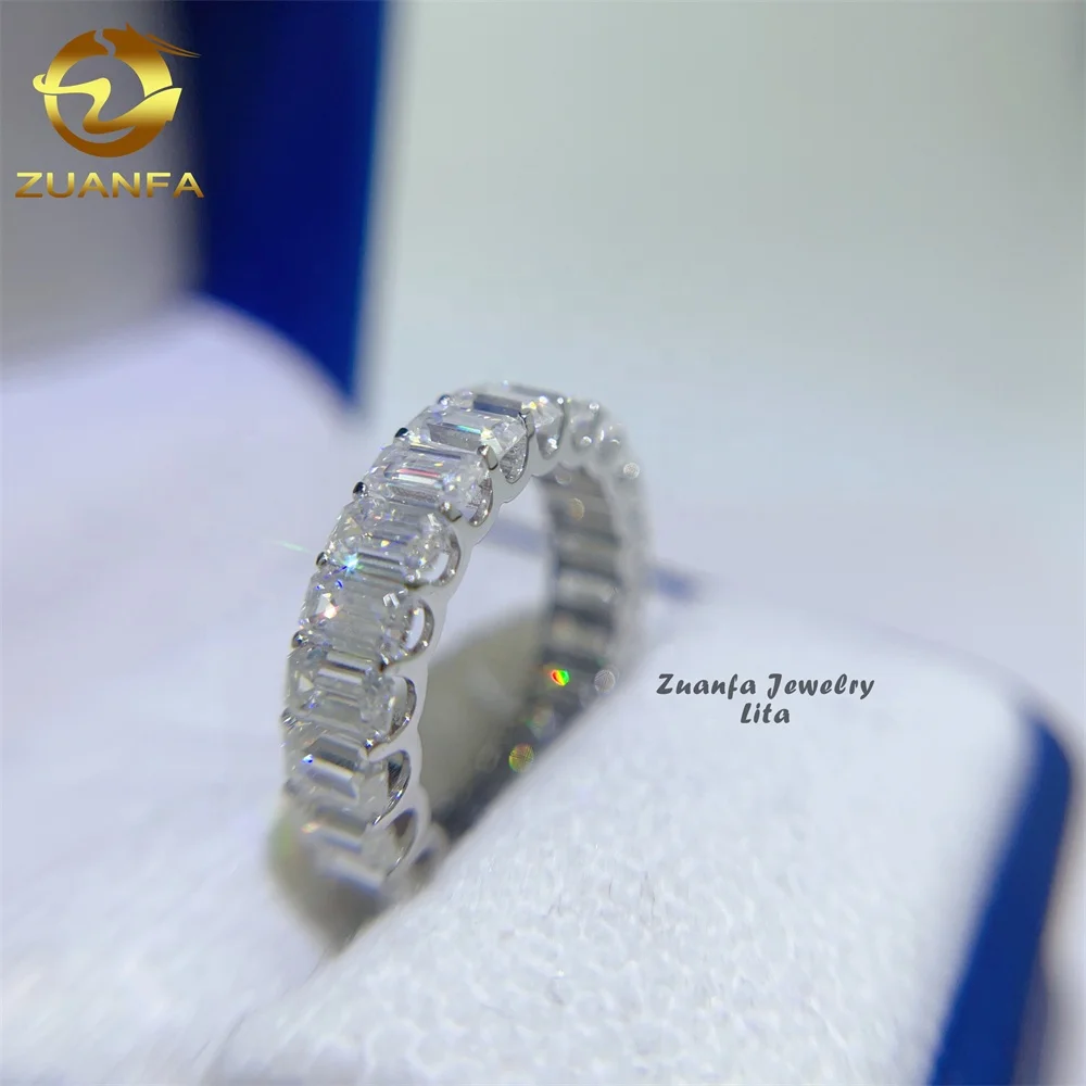 

Hot selling ready to ship pass diamond tester full eternity band 3*5mm 4*6mm 7*9mm emerald cut moissanite ring