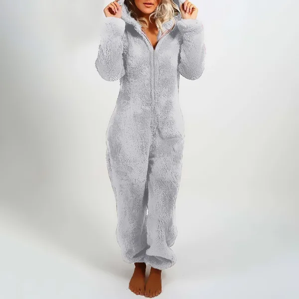 

OJW112575 Women Sherpa Zipper Hooded Jumpsuit Onesie Fleece Pajama Long Pants Plush Hoodies Sleepwear, As pic