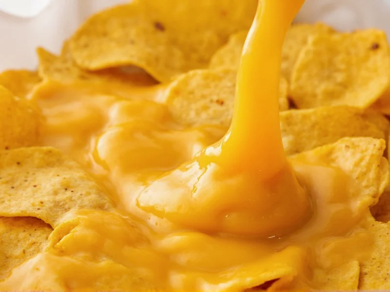 Creamy golden nacho cheese sauce drizzled over tortilla chips