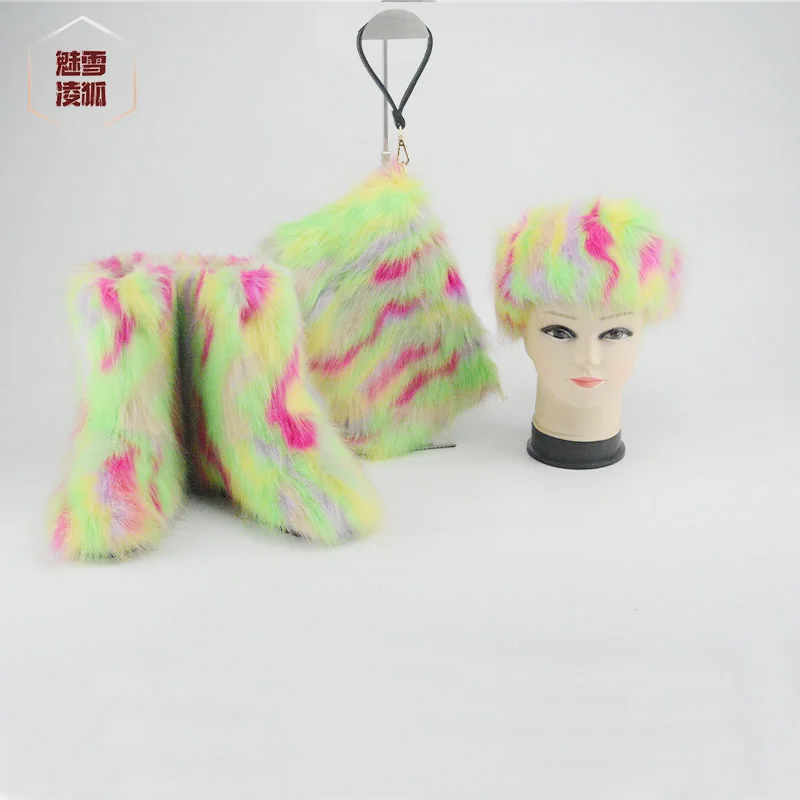 

Luxury faux Fox Fur Boots and headbands sets Women big fur Casual Shoes cheap fur boots and headband, Customized color