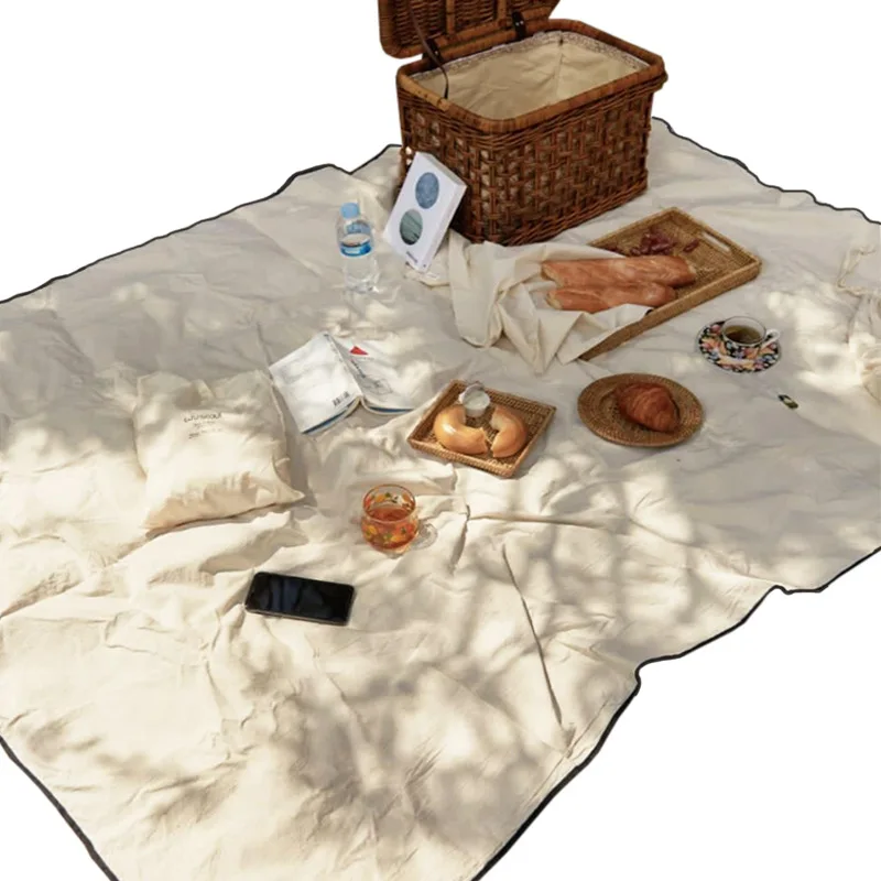 

Picnic mat ins cotton and linen outdoor portable picnic cloth pastoral spring outing picnic mat, White