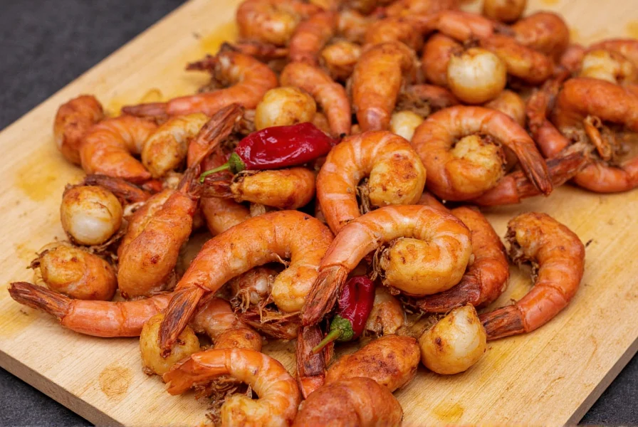 Close-up of fresh shrimp marinating in Jamaican spices including allspice berries and Scotch bonnet peppers on wooden cutting board