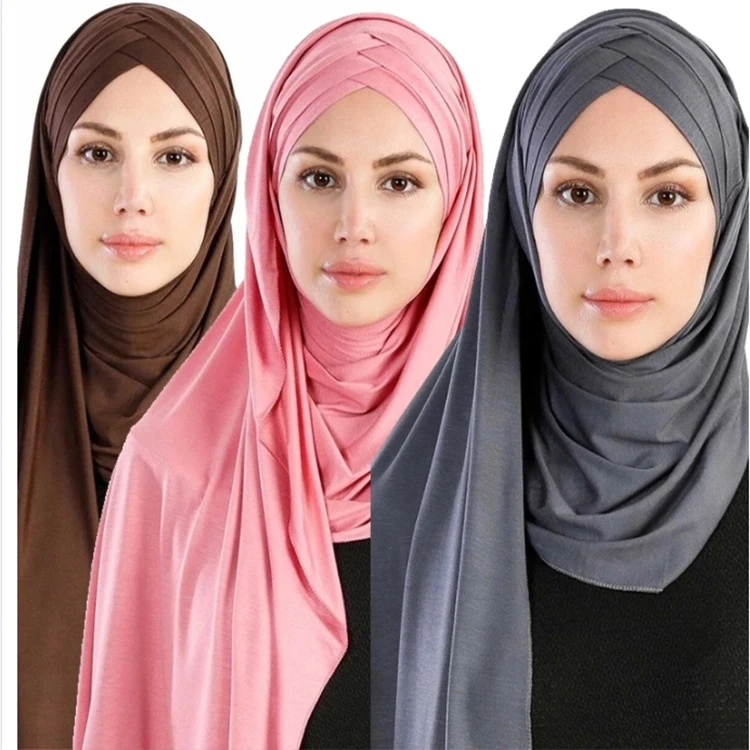 2020 New Style Jersey Cotton Instant Hijab Muslim Crossover Hijab Scarf ...