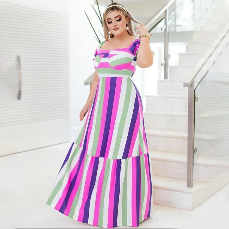 

Women Plus Sexy Striped Print Loose Long Dresses Plus Size Dress for ladies