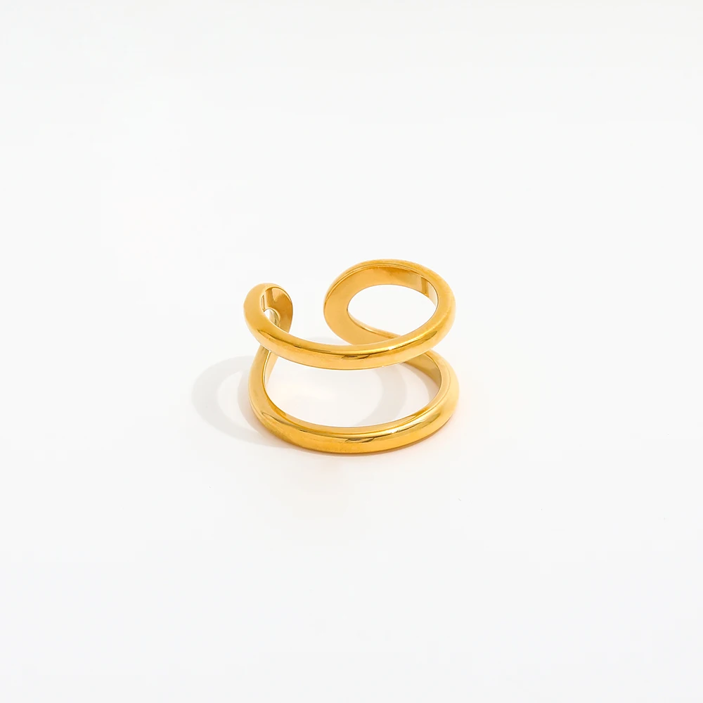 Joolim High End 18K Gold Plated Double-layer Cuff Open Rings for Women Stainless Steel Jewelry