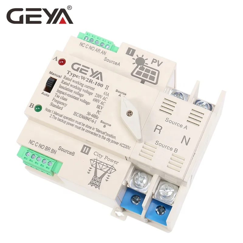 

NEW GEYA on-Grid Solar Power Automatic 200a solar transfer switch Din Rail 2P 3P 4P 63A AC220V ATS PV System Power to City Power