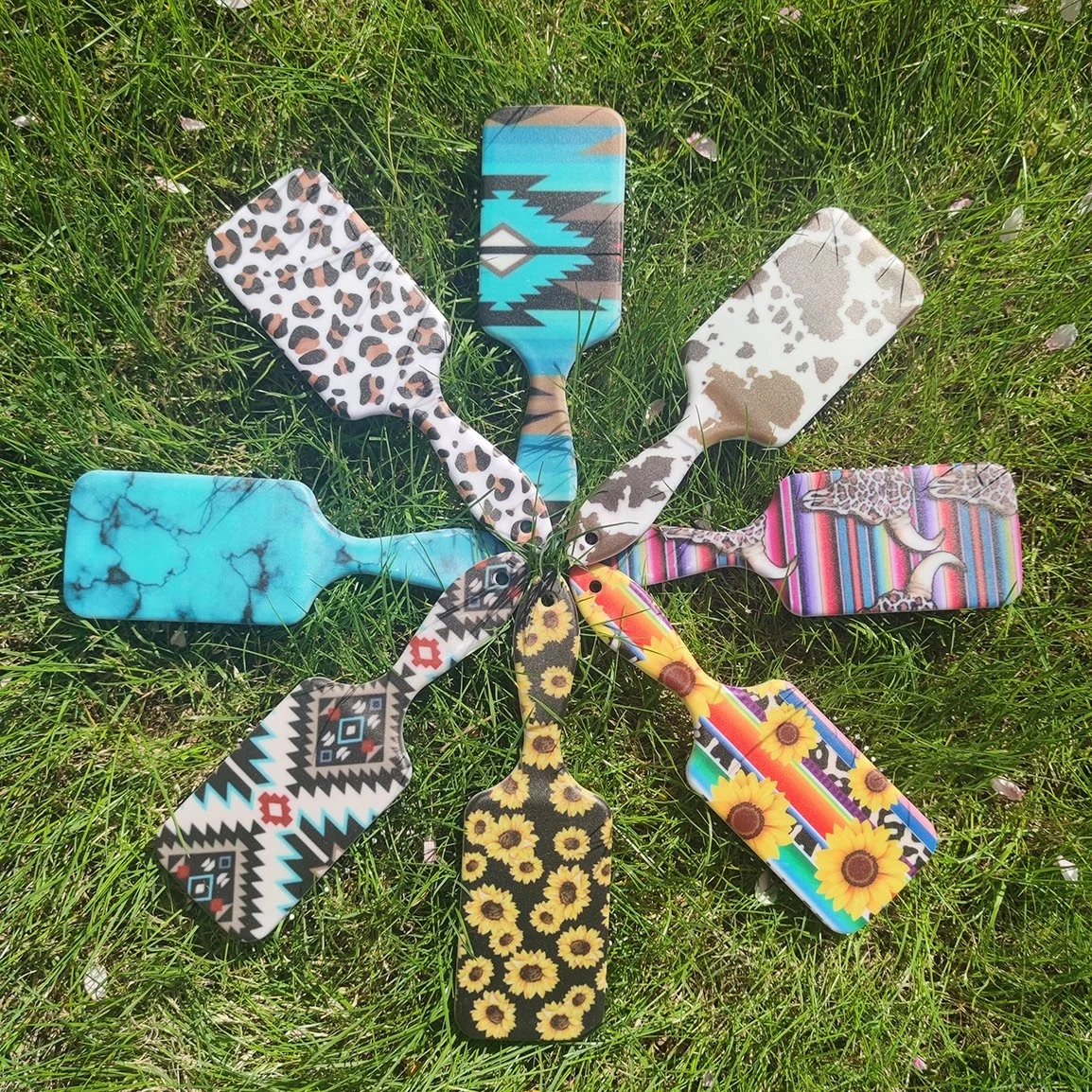 

Women Fashion Plastic Paddle Comb Cow Sunflower Leopard Print Hair Brush