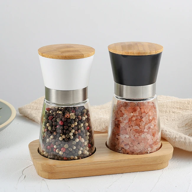 

6" wood bamboo kitchen home double spice salt and pepper mill grinders set with ceramic burr 170ml glass bottle, Customizable