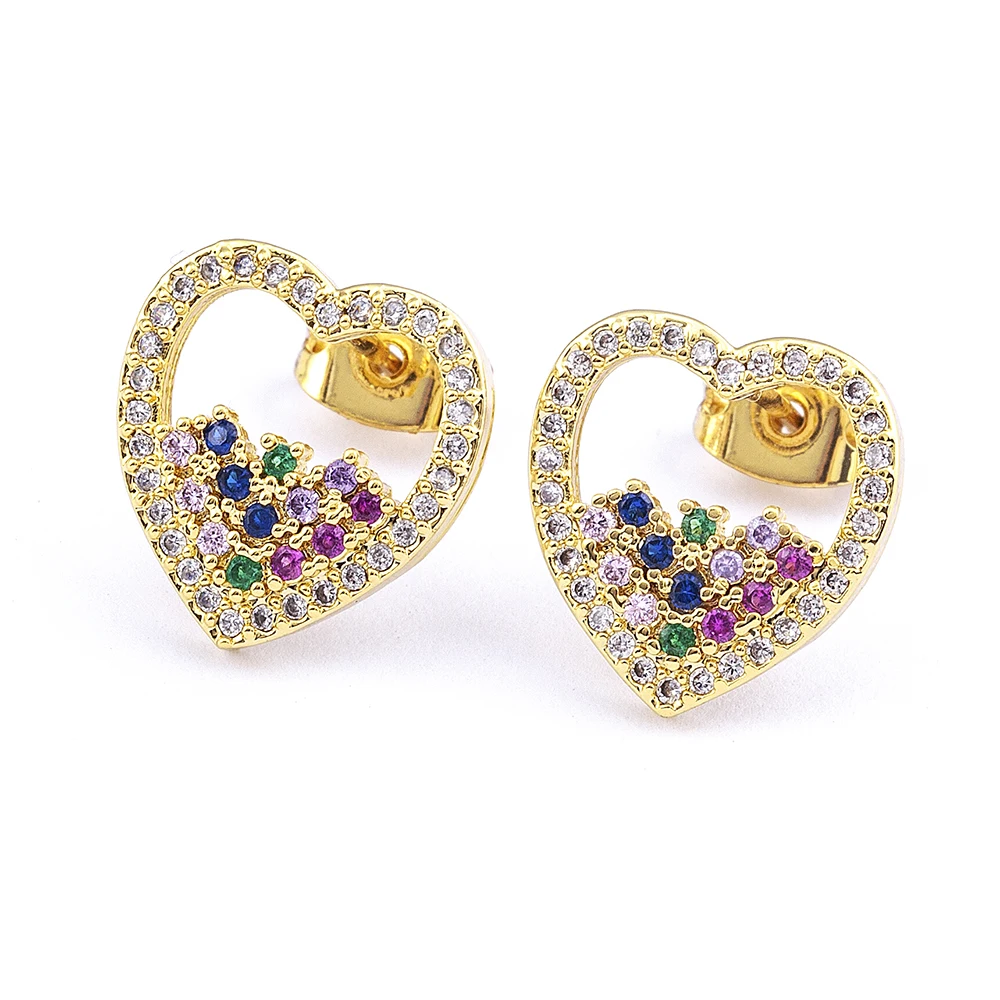 

Fashion Bohemia Rainbow Crystal Heart Shape Stud Earrings Gold Plated Copper Charm Wedding Engagement Party Hoop Earring Jewelry