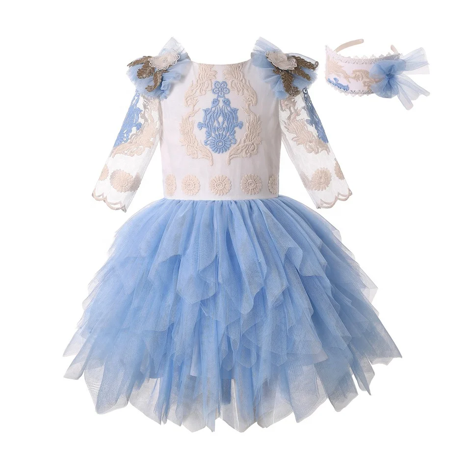 

Pettigirl Elegant Kids Party Wear Dresses for Girls Spanish 8 Years Girl Outfits Summer Blue Lace Dress with Handmade Hairband