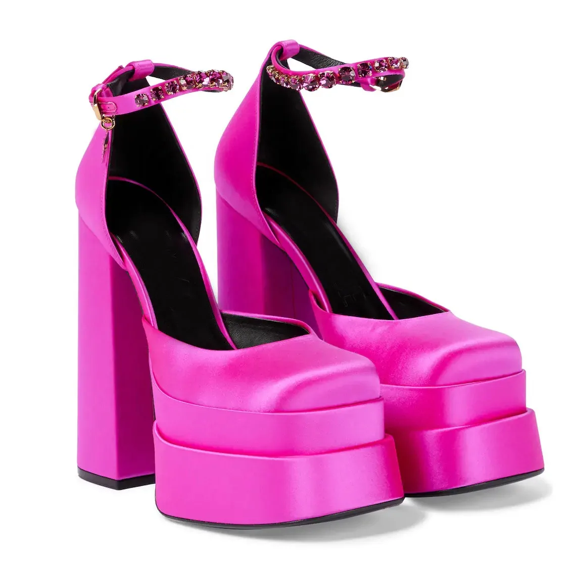 

Hot Sale Luxury Design Square Toe Chunky Heel Diamond Ankle Strap Black Yellow Pink Satin Women Platform Pumps