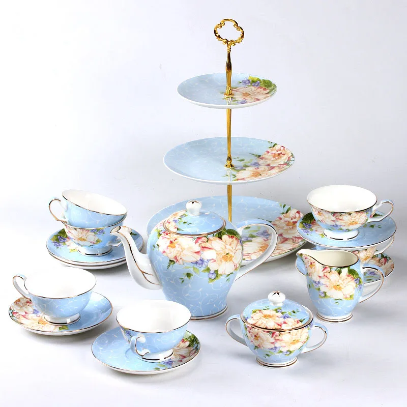 

Hot sale light blue color fine british style bone china ceramic afternoon coffee tea set, Green white