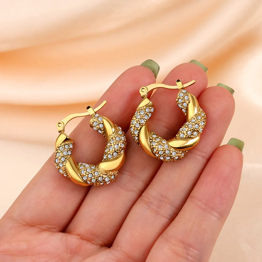 18k Gold PVD Hypoallergenic Waterproof Earrings Stainless Steel Cubic Zirconia Twist Hoop Earring Jewelry