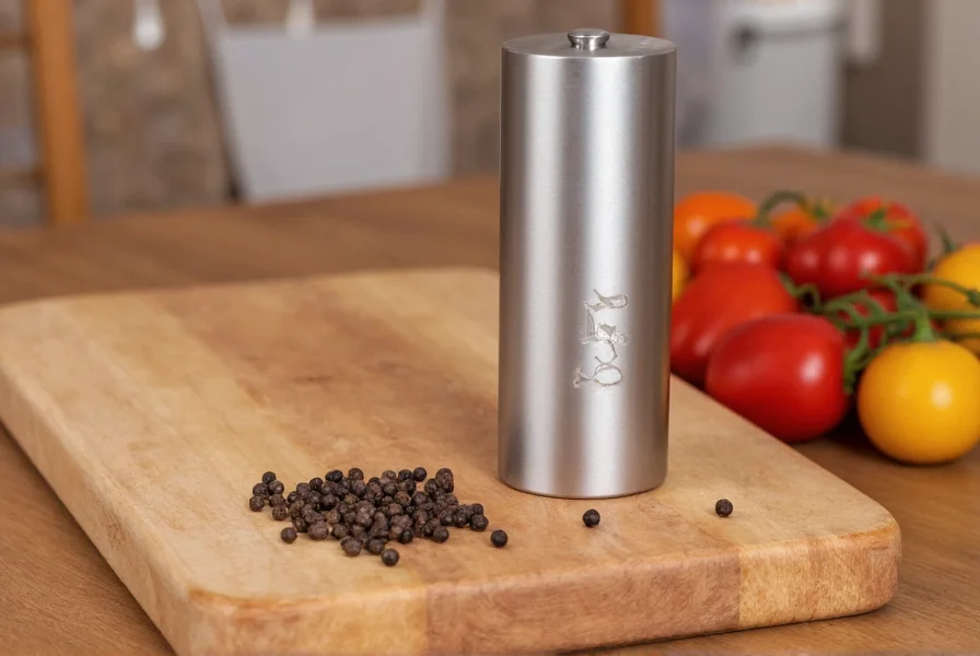 Hexclad pepper grinder on wooden cutting board with whole peppercorns