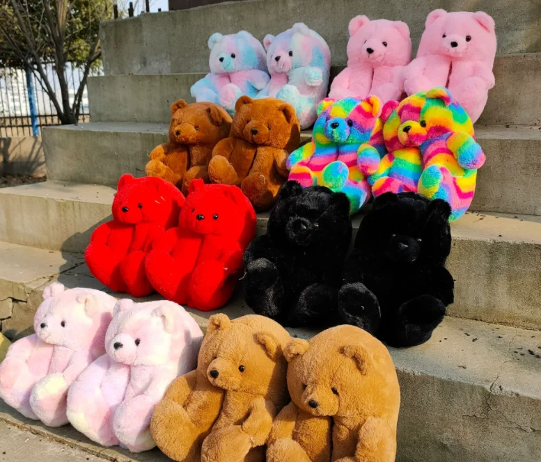 

Lollovita Lovely Teddy Bear Slippers Winter House Bedroom Indoor Slippers Fur Slides Plush Toys Soft Teddy Bear Slippers