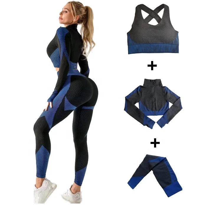 

gym clothes seamless yoga suit workout 3 piece exercise active wear women long sleeve yoga sets yoga set women, Picture color