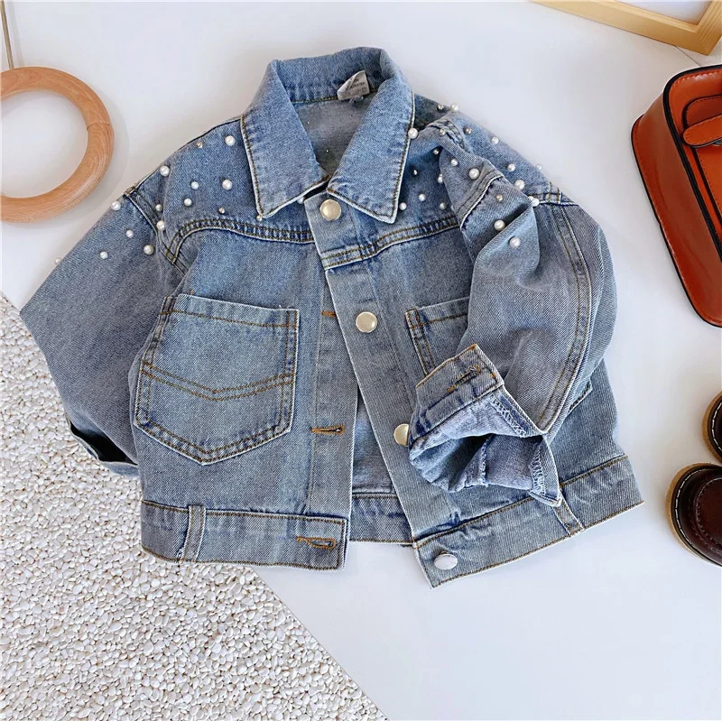 

Stylish Kids Denim Jeans Jacket Children's Pearl Denim Toddler Girl Jackets, Blue